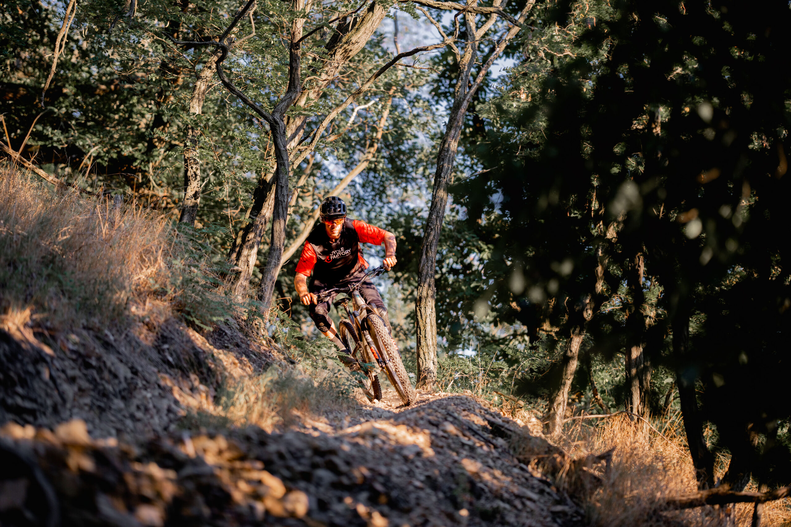 Marco Freynhofer legt sich mit seinem Mountainbike in die Kurve auf einem grobschottrigen Trail