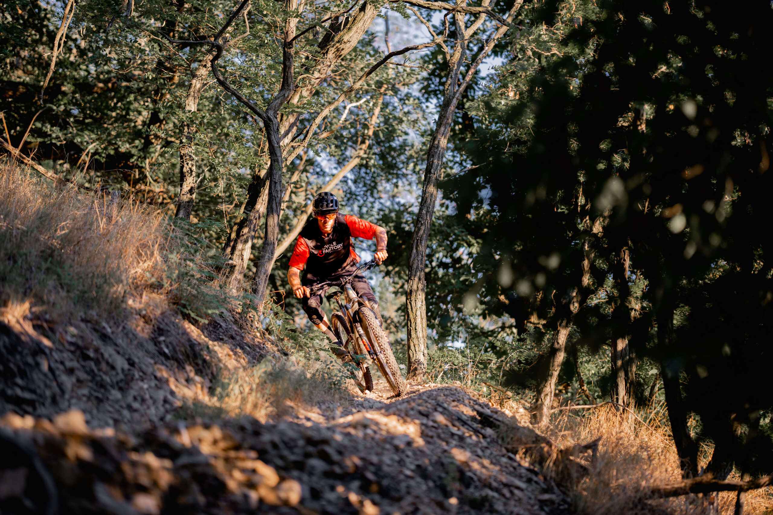 Marco Freynhofer legt sich mit seinem Mountainbike in die Kurve auf einem grobschottrigen Trail
