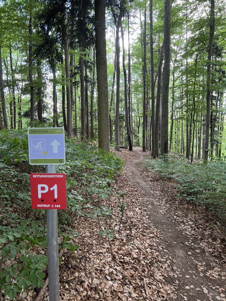 Ein Stück MTB Trail im Wald im Frühling, links im Bild steht ein Metallsteher mit zwei Schildern darauf, auf denen Prinzessin Trail bzw P1 Rettungssektion steht